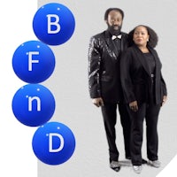 two people standing in front of a blue ball with the words bfd